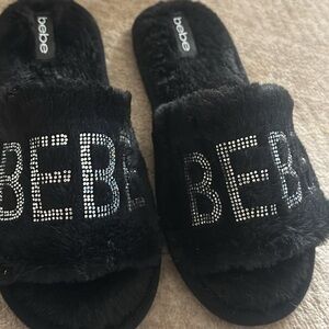 Bebe Black Furry Slippers with Rhinestone Logo